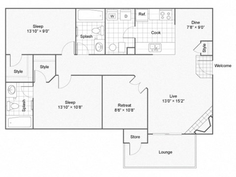 Floor plan for 2 beds, 2 baths, 1038 sqft